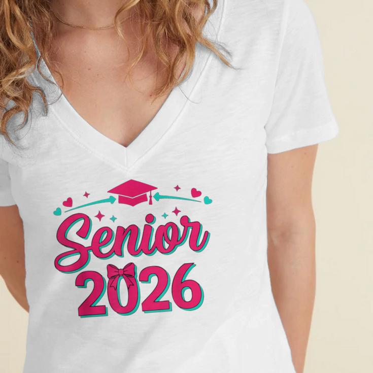 Coquette Pink Bow Senior 2026 Class Of Graduation Women's Jersey Short Sleeve Deep V-Neck Tshirt