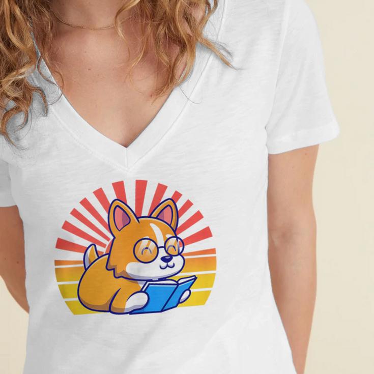 Corgi Dog Reading Book Book Lover Dog Lover Women's Jersey Short Sleeve Deep V-Neck Tshirt