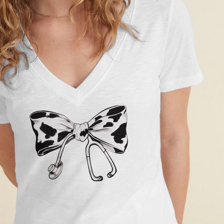 Cow Print Bow And Stethoscope Nurse RN Graduation Coquette Women's Jersey Short Sleeve Deep V-Neck Tshirt