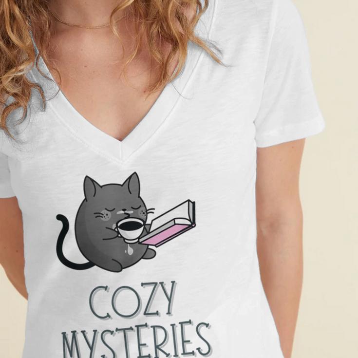 Cozy Mysteries Coffee And Novel For Book Lovers Women's Jersey Short Sleeve Deep V-Neck Tshirt Cozy Mysteries Coffee And Novel For Book Lovers Women's Jersey Short Sleeve Deep V-Neck Tshirt