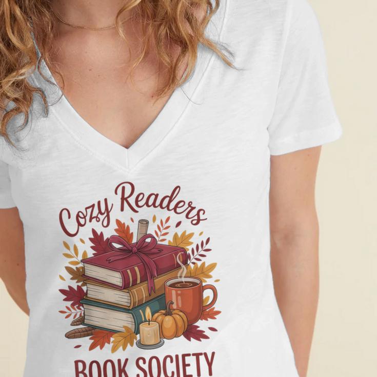 Cozy Readers Book Society Fall Autumn Floral Pumpkin Season Women's Jersey Short Sleeve Deep V-Neck Tshirt