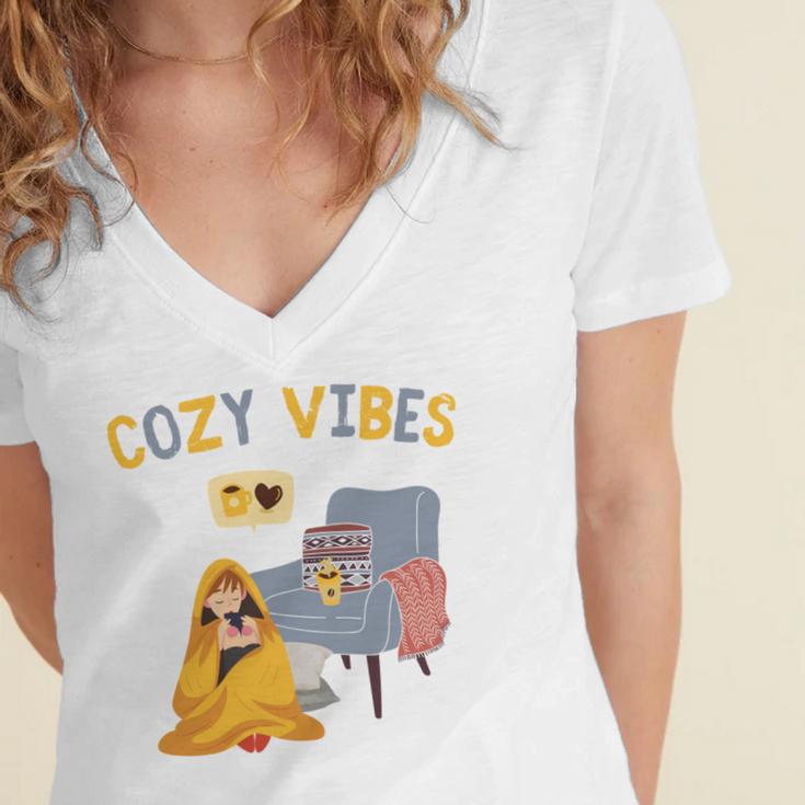 Cozy Vibes Atmospheric Introvert Women's Jersey Short Sleeve Deep V-Neck Tshirt