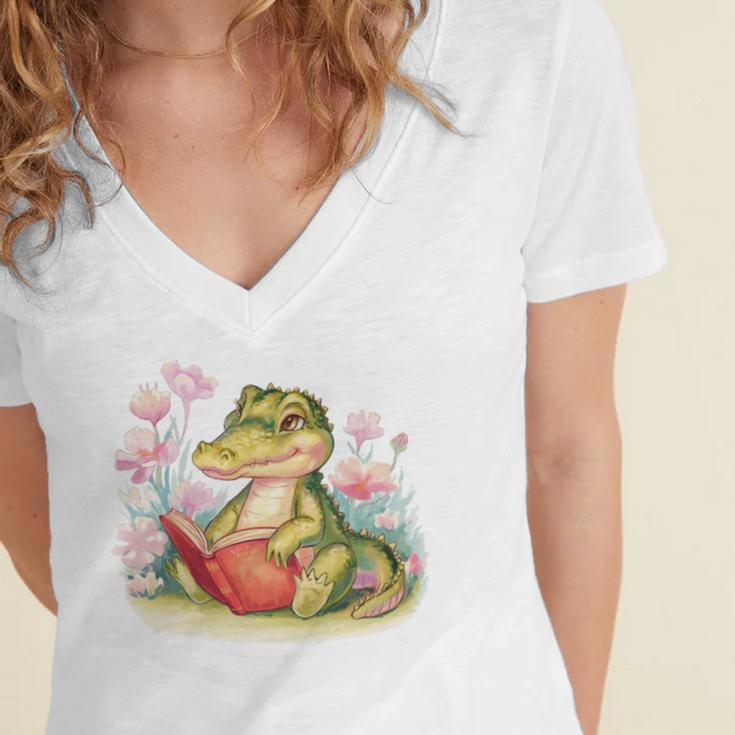 Crocodile Reading Book Watercolor Flowers Kids Women's Jersey Short Sleeve Deep V-Neck Tshirt