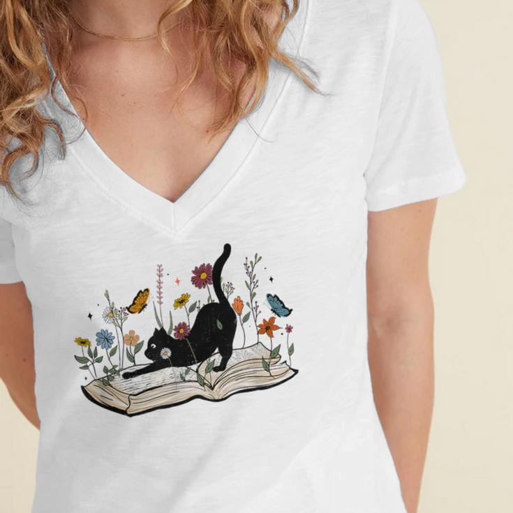 Cute Cat Flower Garden Book Kitty Reading Floral Men Women Girls Kids Women's Jersey Short Sleeve Deep V-Neck Tshirt Cute Cat Flower Garden Book Kitty Reading Floral Men Women Girls Kids Women's Jersey Short Sleeve Deep V-Neck Tshirt