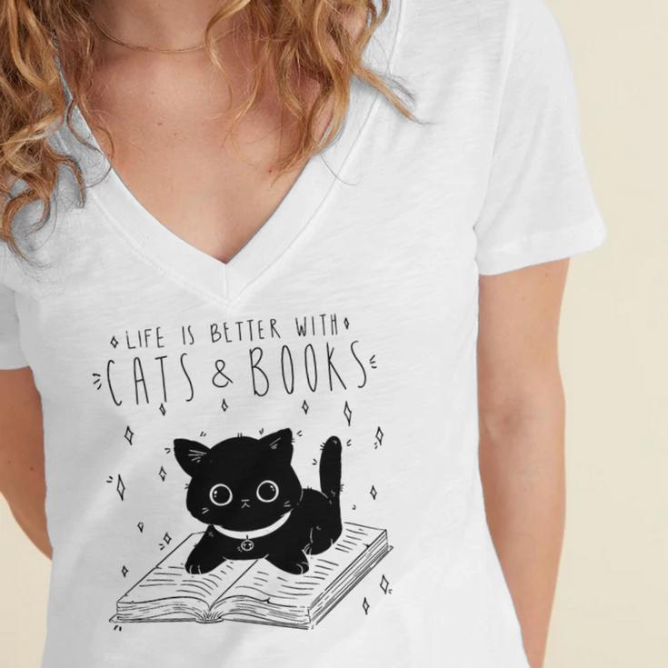 Cute Cats And Books Aesthetic Feline Reader Graphic Premium Tri-Blend Women's Jersey Short Sleeve Deep V-Neck Tshirt Cute Cats And Books Aesthetic Feline Reader Graphic Premium Tri-Blend Women's Jersey Short Sleeve Deep V-Neck Tshirt