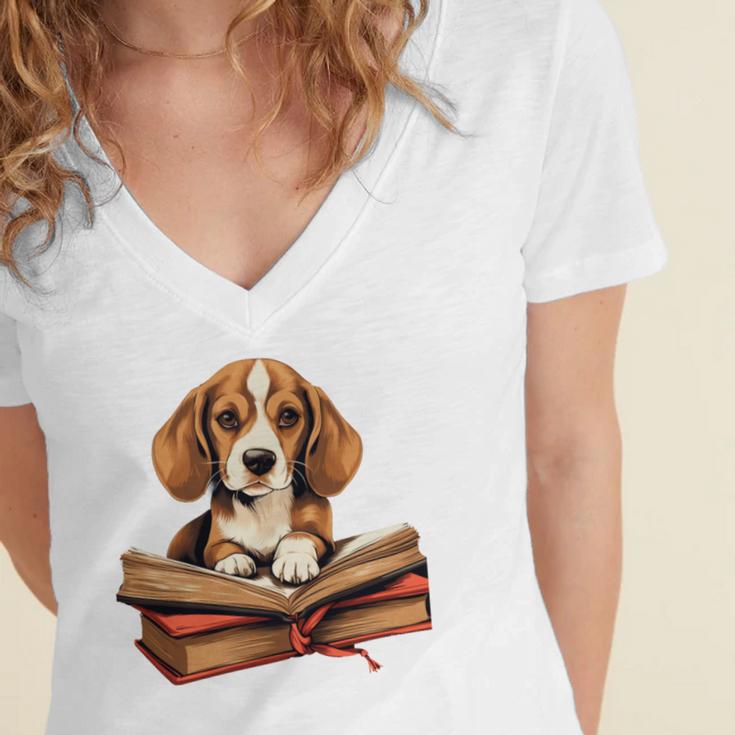 Cute Dog Beagle Reading Book Women's Jersey Short Sleeve Deep V-Neck Tshirt
