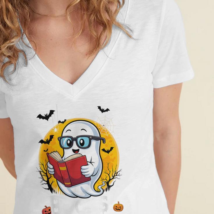Cute Ghost Reading Book Retro Halloween Librarian Women's Jersey Short Sleeve Deep V-Neck Tshirt Cute Ghost Reading Book Retro Halloween Librarian Women's Jersey Short Sleeve Deep V-Neck Tshirt