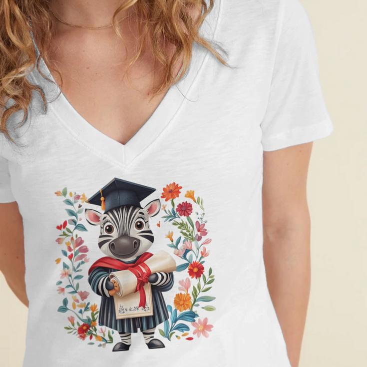Cute Graduation Zebra Holding DiplomaShirt Women's Jersey Short Sleeve Deep V-Neck Tshirt