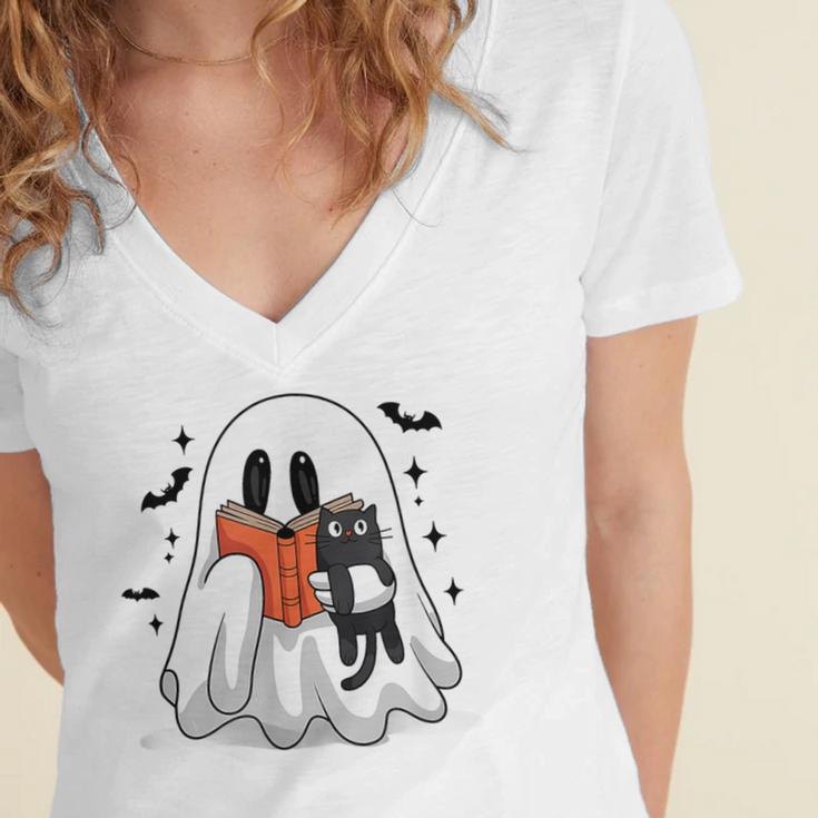 Cute Halloween Ghost Reading Book Women's Jersey Short Sleeve Deep V-Neck Tshirt