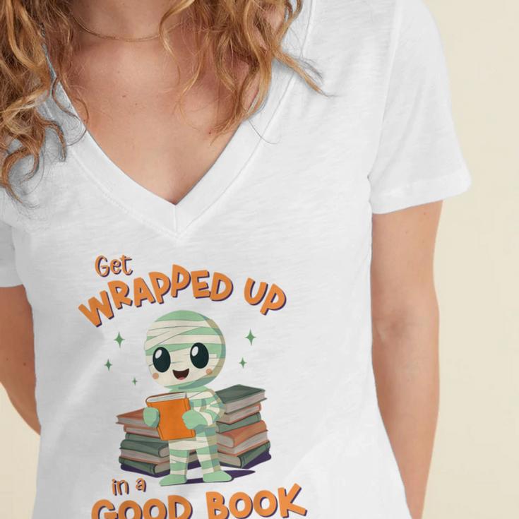 Cute Halloween Teacher Librarian Mummy Reading Books Women's Jersey Short Sleeve Deep V-Neck Tshirt