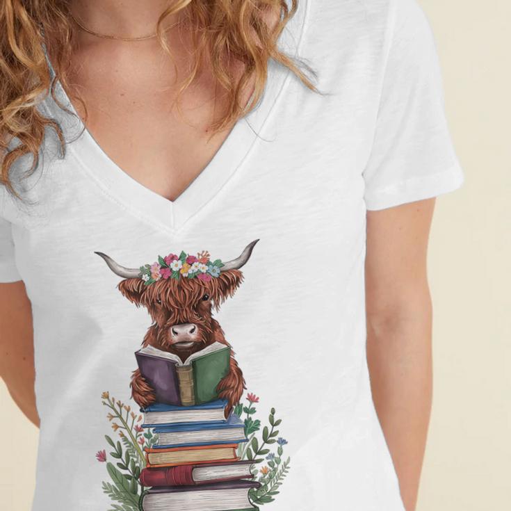 Cute Highland Cow With Book Floral Bookworm Librarian Book Women's Jersey Short Sleeve Deep V-Neck Tshirt