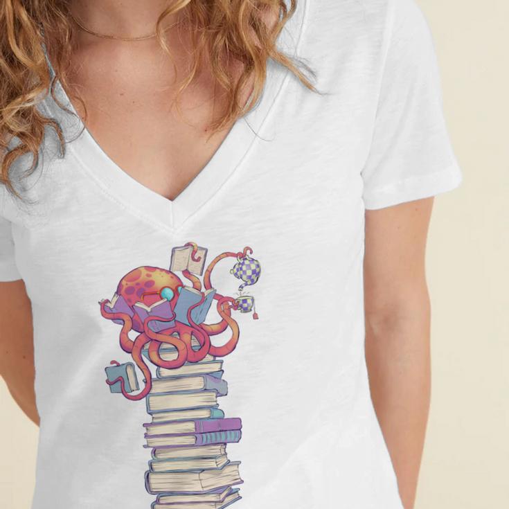 Cute Octopus Bookworm Fun Reading Tee For Book Lovers Women's Jersey Short Sleeve Deep V-Neck Tshirt