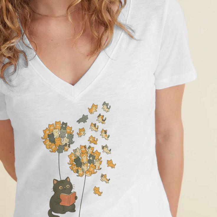 Cute Reading Cat With Kitten Dandelion Flowers Book Lover Women's Jersey Short Sleeve Deep V-Neck Tshirt