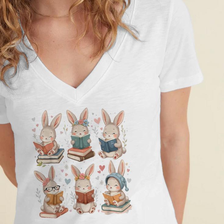 Cute Teacher Bunny Rabbit Reading Easter Bunnies Book Lovers Women's Jersey Short Sleeve Deep V-Neck Tshirt
