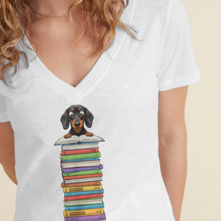 Cute Wiener Dog Dachshund Reading On Pile Of Books Women's Jersey Short Sleeve Deep V-Neck Tshirt