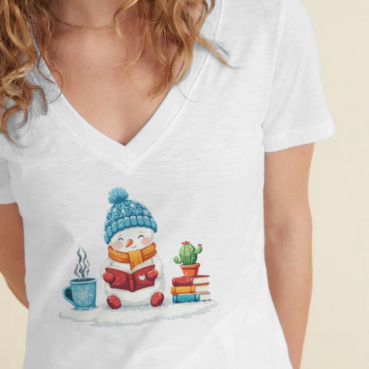 Cute Winter Cozy Snowman Reading Book Lovers Xmas Snowman Women's Jersey Short Sleeve Deep V-Neck Tshirt Cute Winter Cozy Snowman Reading Book Lovers Xmas Snowman Women's Jersey Short Sleeve Deep V-Neck Tshirt