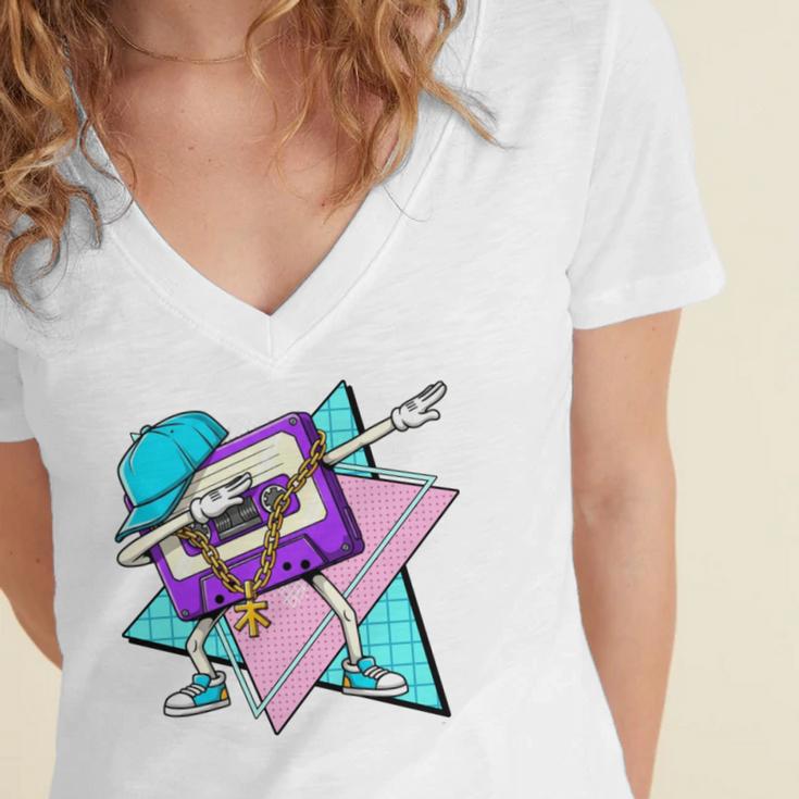 Dabbing Cassette Tape 70s 80s 80s Outfit Nostalgia Women's Jersey Short Sleeve Deep V-Neck Tshirt Dabbing Cassette Tape 70s 80s 80s Outfit Nostalgia Women's Jersey Short Sleeve Deep V-Neck Tshirt