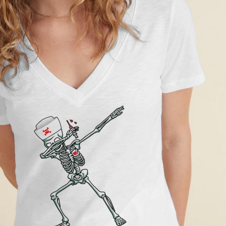 Dabbing Skeleton Nurse Halloween Graduation Women's Jersey Short Sleeve Deep V-Neck Tshirt