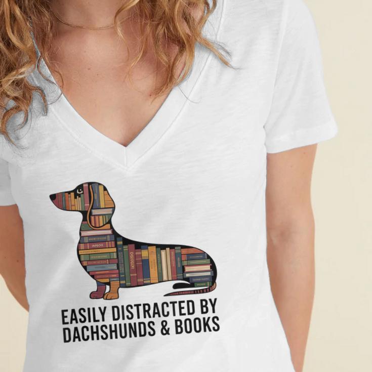 Dachshund Dog Dachshund Decor Books Nerds Dachshund Women's Jersey Short Sleeve Deep V-Neck Tshirt