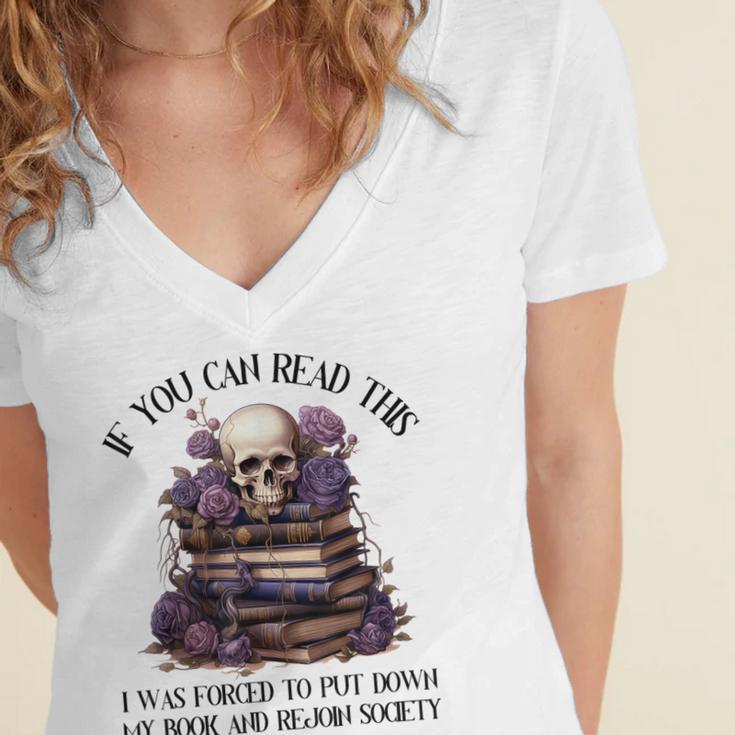 Dark Romance Merch I Put Down My Book Lover Spicy Skeleton Women's Jersey Short Sleeve Deep V-Neck Tshirt