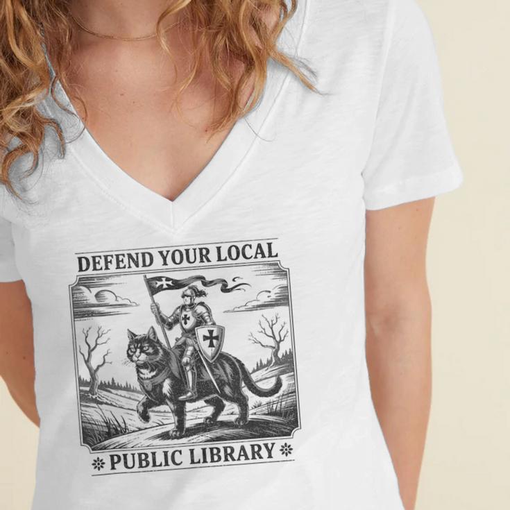 Defend Your Local Public Library Cat Knight Book Lover Women's Jersey Short Sleeve Deep V-Neck Tshirt