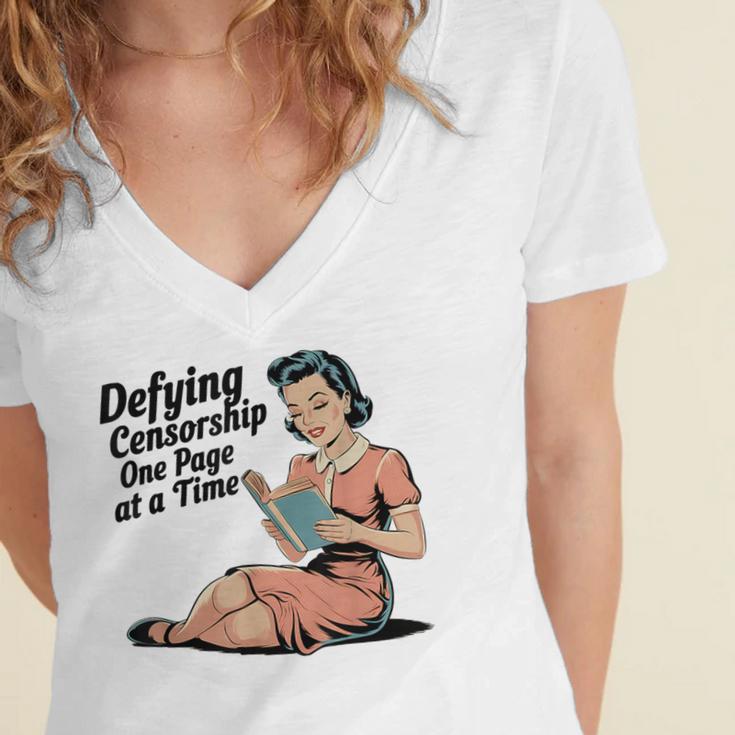 Defying Censorship One Page At a Time Read Banned Books Women's Jersey Short Sleeve Deep V-Neck Tshirt