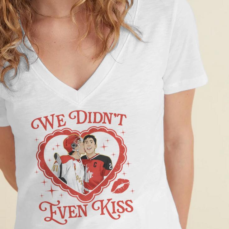 We Didn't Even Kiss Hockey Romance Book Women's Jersey Short Sleeve Deep V-Neck Tshirt