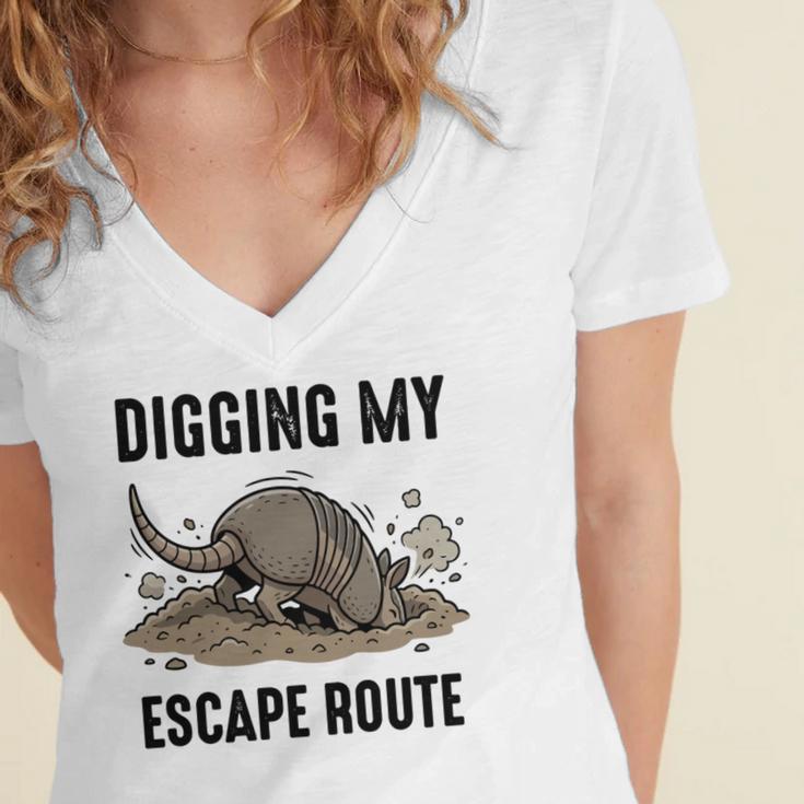 Digging My Escape Route Armadillo Introvert Humor Women's Jersey Short Sleeve Deep V-Neck Tshirt