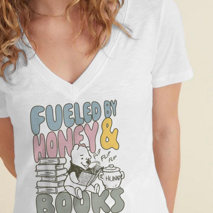 Disney Winnie The Pooh Fueled By Honey & Books Sketch Women's Jersey Short Sleeve Deep V-Neck Tshirt