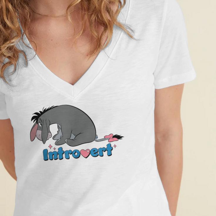 Disney Winnie The Pooh Introvert Eeyore Logo Women's Jersey Short Sleeve Deep V-Neck Tshirt