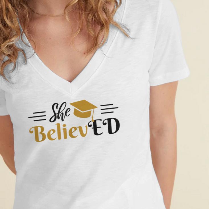 Doctor Of Education She BelievED EdD Graduation Women's Jersey Short Sleeve Deep V-Neck Tshirt