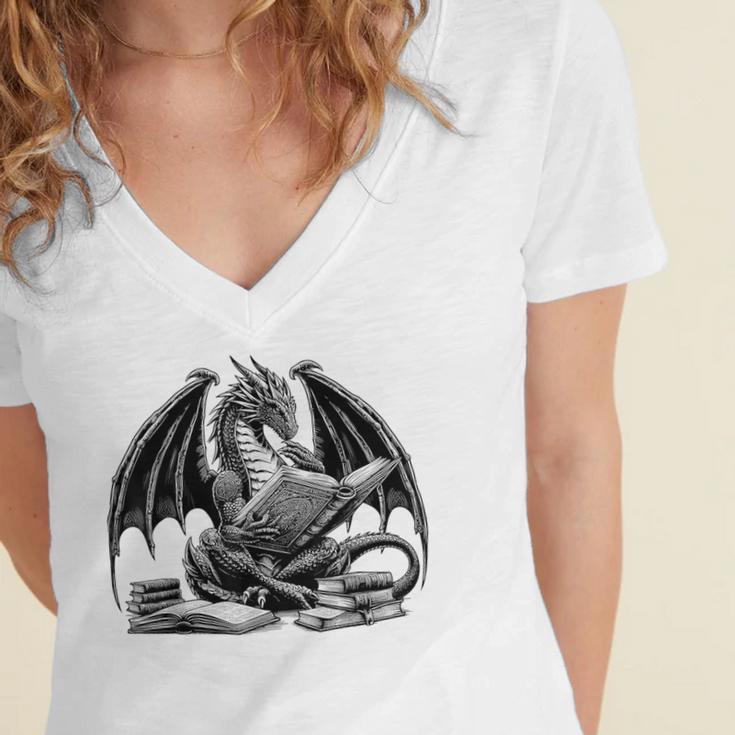 Dragon Reading Book Bookworm Books Dragon Learning Women's Jersey Short Sleeve Deep V-Neck Tshirt Dragon Reading Book Bookworm Books Dragon Learning Women's Jersey Short Sleeve Deep V-Neck Tshirt