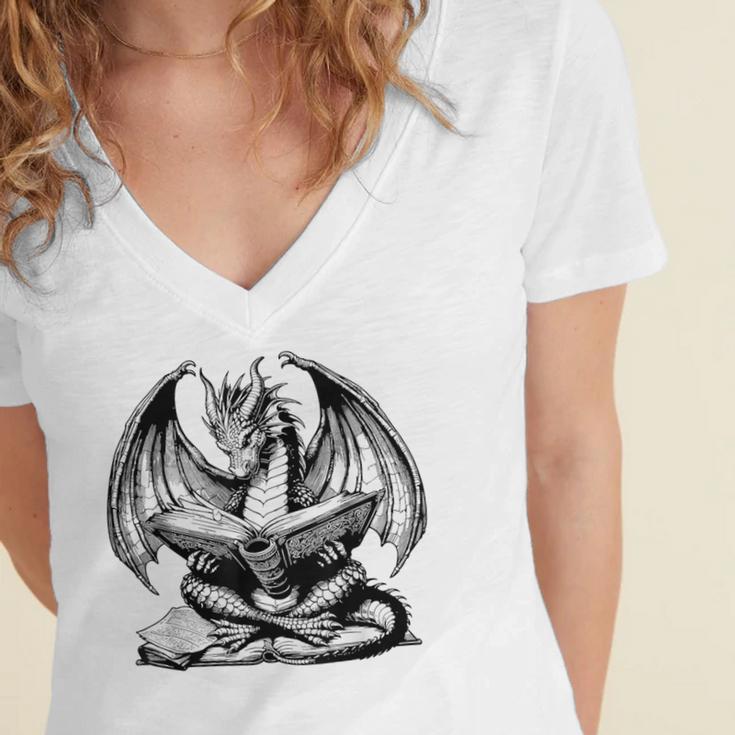Dragon Reading Book Bookworm Books Dragon Lover Learning Women's Jersey Short Sleeve Deep V-Neck Tshirt
