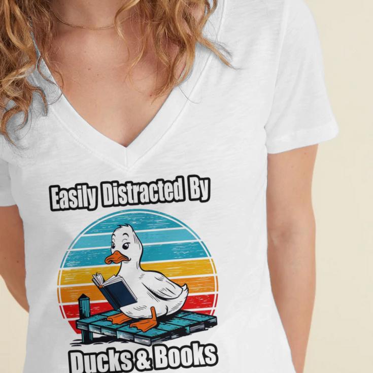 Ducks Books Lover Easily Distracted By Ducks & Books Women's Jersey Short Sleeve Deep V-Neck Tshirt