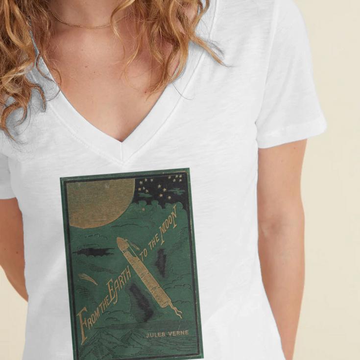 From The Earth To The Moon Book Cover 1874 Premium Women's Jersey Short Sleeve Deep V-Neck Tshirt From The Earth To The Moon Book Cover 1874 Premium Women's Jersey Short Sleeve Deep V-Neck Tshirt