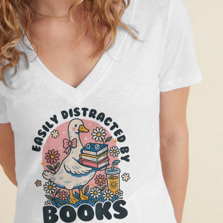 Easily Distracted By Books Read Goose Lover Bookworm Reading Women's Jersey Short Sleeve Deep V-Neck Tshirt Easily Distracted By Books Read Goose Lover Bookworm Reading Women's Jersey Short Sleeve Deep V-Neck Tshirt