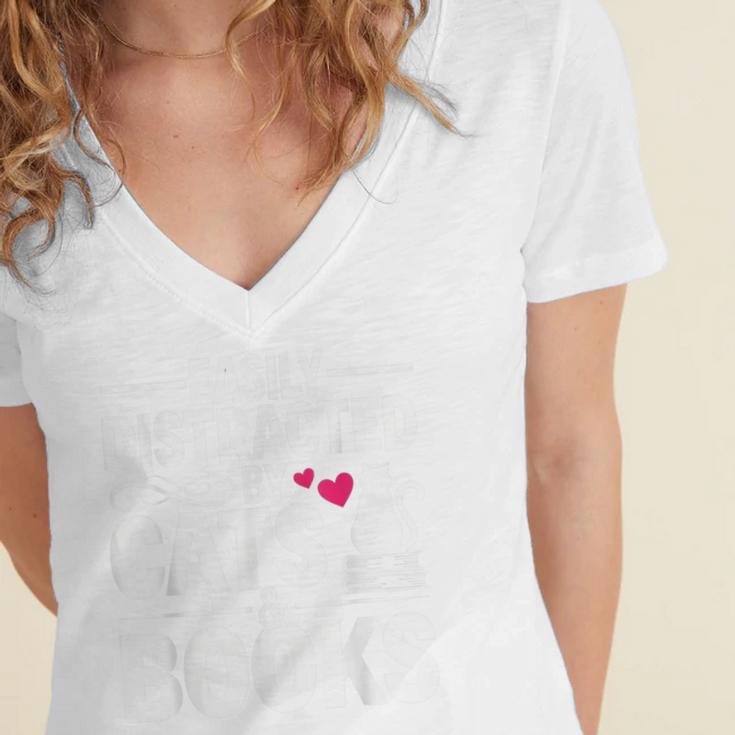 Easily Distracted By Cats And Books Cat & Book Lover Women's Jersey Short Sleeve Deep V-Neck Tshirt Easily Distracted By Cats And Books Cat & Book Lover Women's Jersey Short Sleeve Deep V-Neck Tshirt