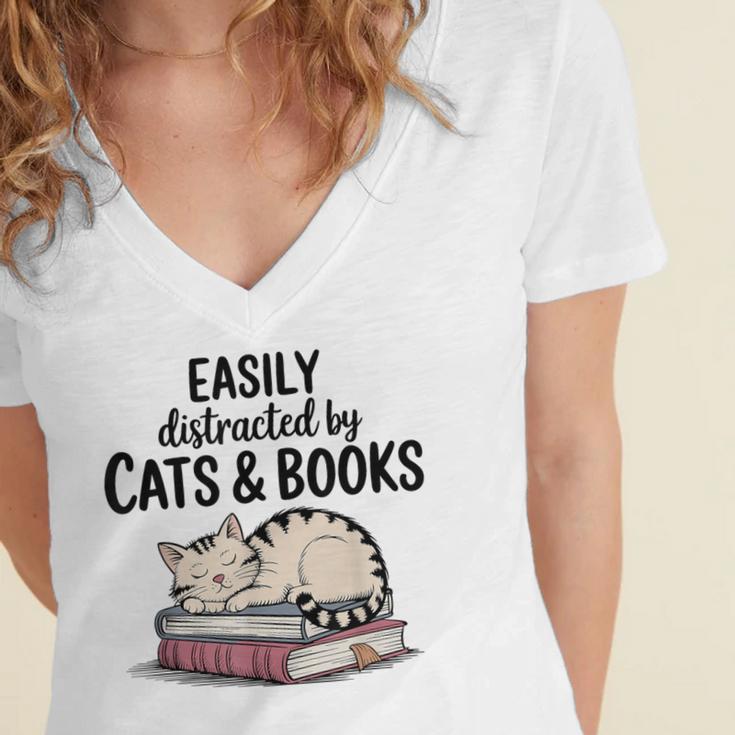 Easily Distracted By Cats And Books Cute Book Lover Women's Jersey Short Sleeve Deep V-Neck Tshirt