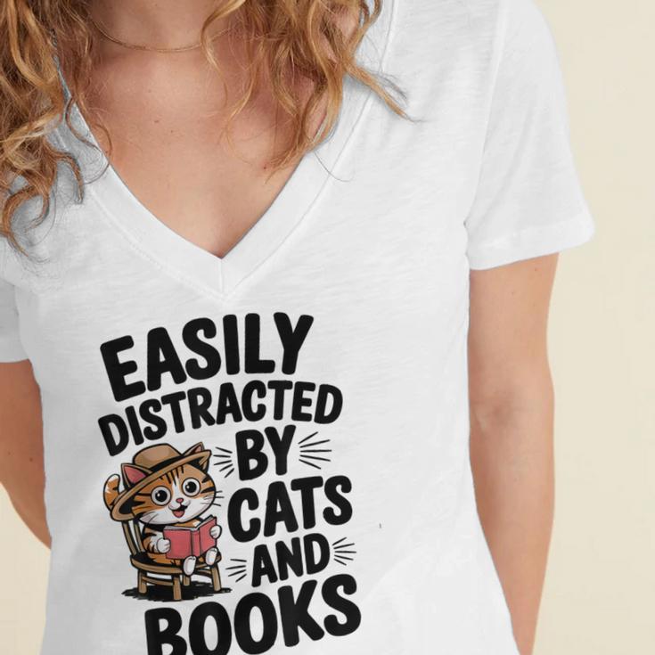 Easily Distracted By Cats And Books Lovers Reading Women's Jersey Short Sleeve Deep V-Neck Tshirt