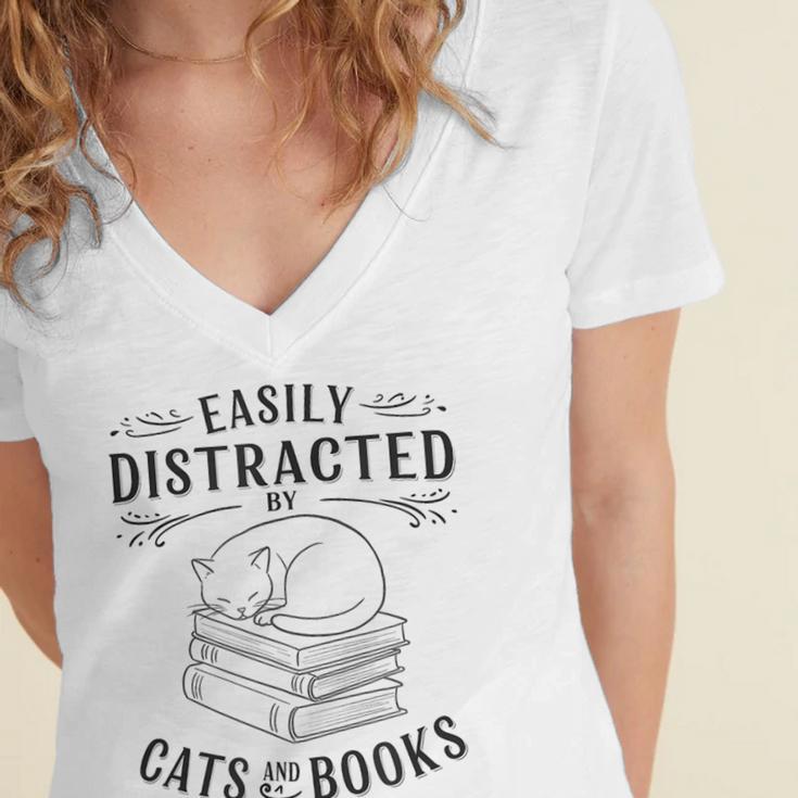 Easily Distracted By Cats And Books For Women Women's Jersey Short Sleeve Deep V-Neck Tshirt Easily Distracted By Cats And Books For Women Women's Jersey Short Sleeve Deep V-Neck Tshirt
