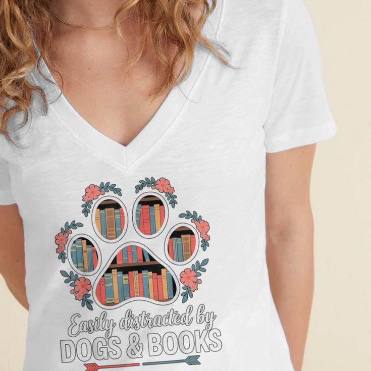 Easily Distracted By Dogs And Books Reading Women's Jersey Short Sleeve Deep V-Neck Tshirt