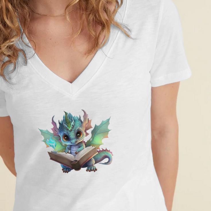 Easily Distracted By Dragon And Books Introvert Shirt Women's Jersey Short Sleeve Deep V-Neck Tshirt