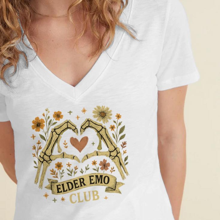 Elder Emo Club Skeleton Hands Heart Nostalgia Women's Jersey Short Sleeve Deep V-Neck Tshirt Elder Emo Club Skeleton Hands Heart Nostalgia Women's Jersey Short Sleeve Deep V-Neck Tshirt