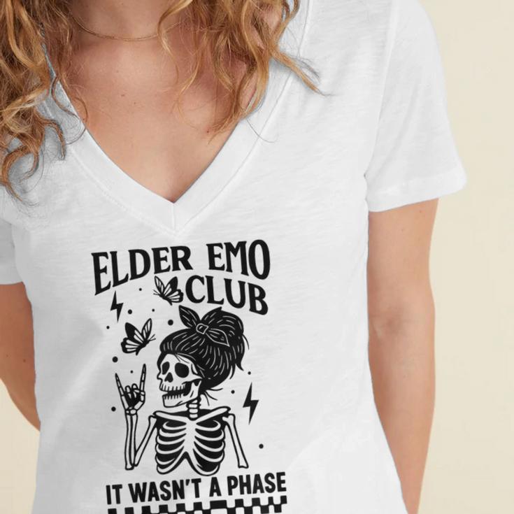 Elder Emo Club Skeleton Nostalgia It Wasn't a Phase Mom Women's Jersey Short Sleeve Deep V-Neck Tshirt Elder Emo Club Skeleton Nostalgia It Wasn't a Phase Mom Women's Jersey Short Sleeve Deep V-Neck Tshirt