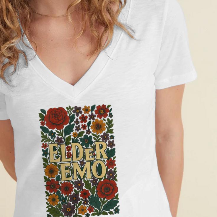 Elder Emo Floral Gothic Vintage Nostalgia Women's Jersey Short Sleeve Deep V-Neck Tshirt