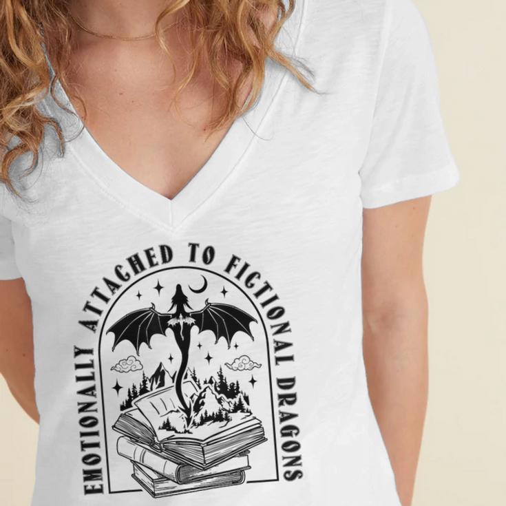 Emotionally Attached To Fictional Dragons Books Lover Women's Jersey Short Sleeve Deep V-Neck Tshirt