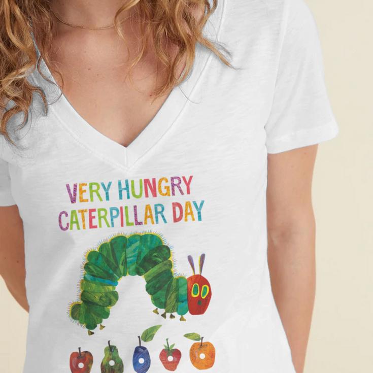Eric Carle Very Hungry Caterpillar Day Children's Book Women's Jersey Short Sleeve Deep V-Neck Tshirt Eric Carle Very Hungry Caterpillar Day Children's Book Women's Jersey Short Sleeve Deep V-Neck Tshirt