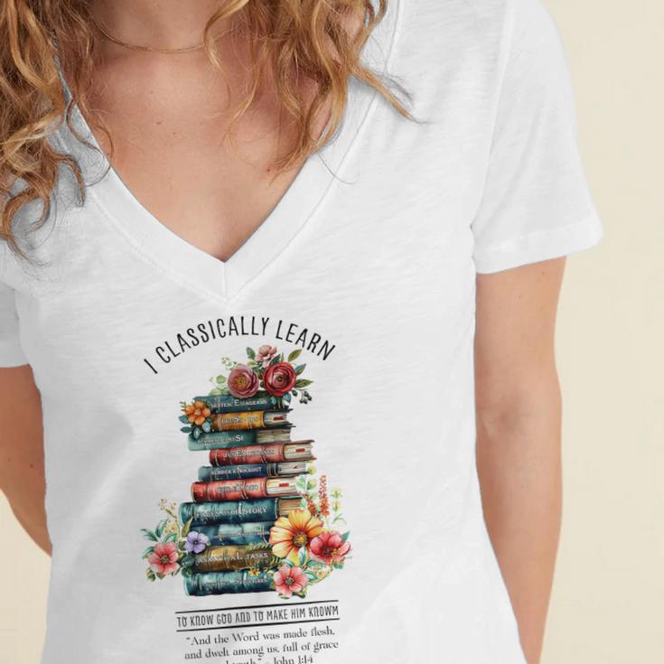 Essentials Classical Conversations CC Tutor Books Women's Jersey Short Sleeve Deep V-Neck Tshirt