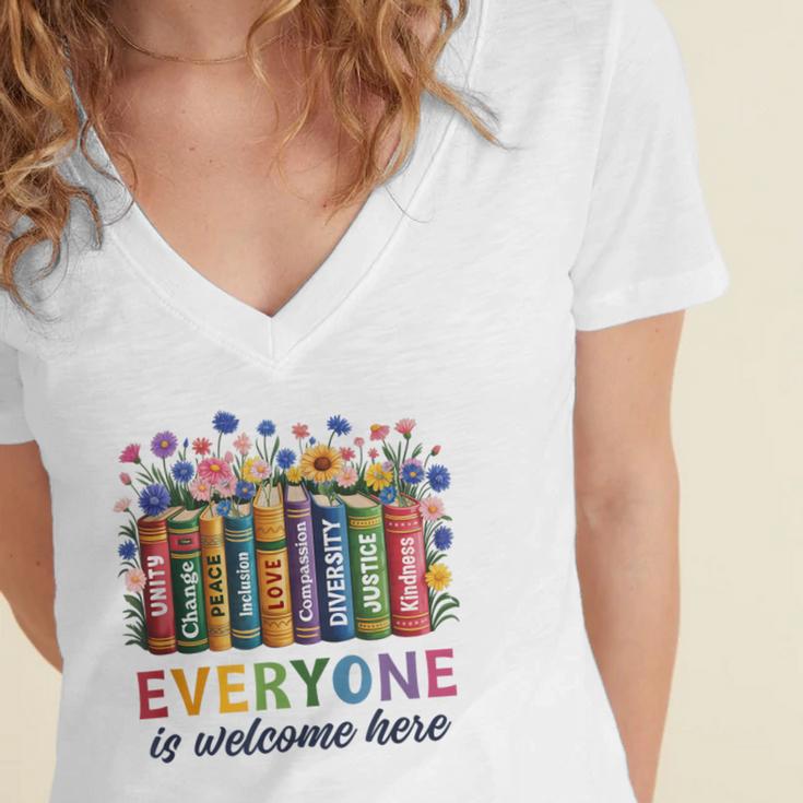Everyone Is Welcome Here Floral Book LGBT Pride Equality Women's Jersey Short Sleeve Deep V-Neck Tshirt Everyone Is Welcome Here Floral Book LGBT Pride Equality Women's Jersey Short Sleeve Deep V-Neck Tshirt