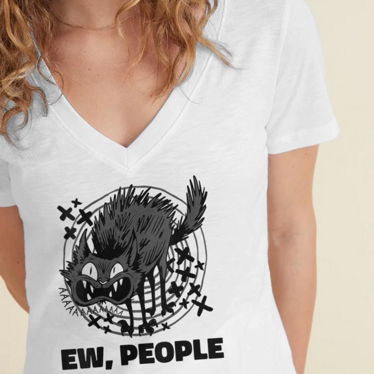Ew People Introvert Cat Lover Crazy Cats Lady Women's Jersey Short Sleeve Deep V-Neck Tshirt